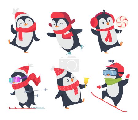 Téléchargez les illustrations : Jolis pingouins. Personnages de bande dessinée bébé doux hiver sauvage animaux de la neige posent vecteur isolé. Pingouin arctique heureux sur le ski et avec illustration sucette - en licence libre de droit