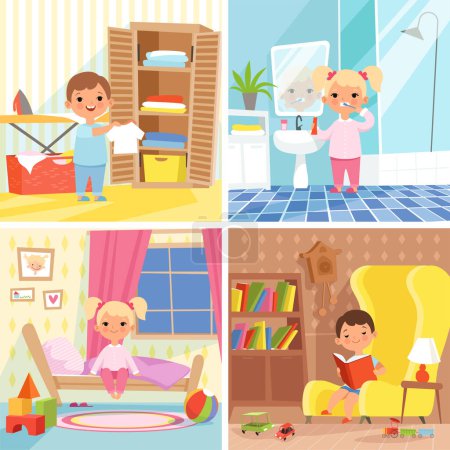 Illustration for Daily routine. Various situations of time in day. Daily child routine, morning life activity, boy and girl situation every day illustration - Royalty Free Image