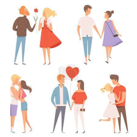 Illustration for Dating couples. St valentine day 14 february happiness hugging romantic lovers characters vector date concept pictures. Illustration of love dating, man and woman together - Royalty Free Image