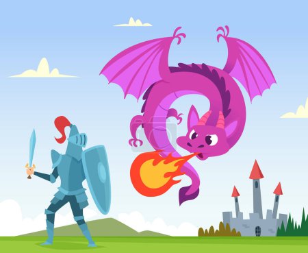 Illustration for Dragon fighting. Wild fairytale fantasy creatures amphibian with wings castle attack with big flame vector background illustration. Knight and dragon, medieval monster and castle - Royalty Free Image