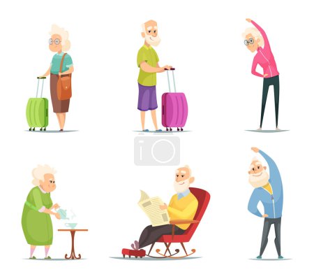 Illustration for Elderly couples in various action poses. Grandmother and grandfather, elderly retirement senior, vector illustration - Royalty Free Image