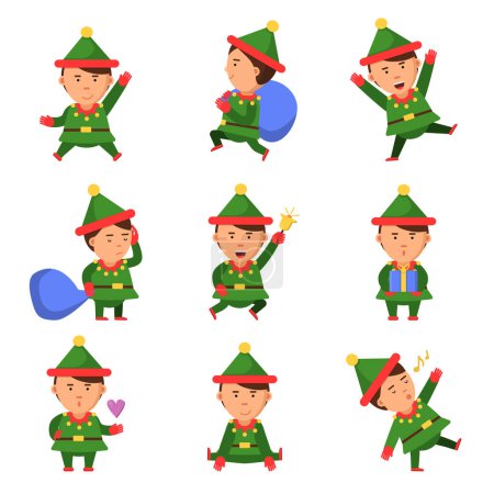 Illustration for Elf characters. Xmas mascot collection dwarf santa helper fun christmas cartoon vector person in action pose. Character elf xmas in green suit, mascot christmas illustration - Royalty Free Image