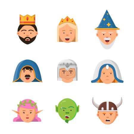 Illustration for Fairytale avatars collection. Fantasy game characters warrior queen barbarian goblin princess vector mascot in flat style. Warrior characterer and princess royal illustration - Royalty Free Image