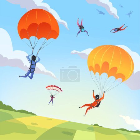 Illustration for Parachute jumpers sky. Extreme sport hobbies adrenaline character flying action pose skydiving paraplanners vector cartoon background. Skydiving extreme, jumper parachuting illustration - Royalty Free Image