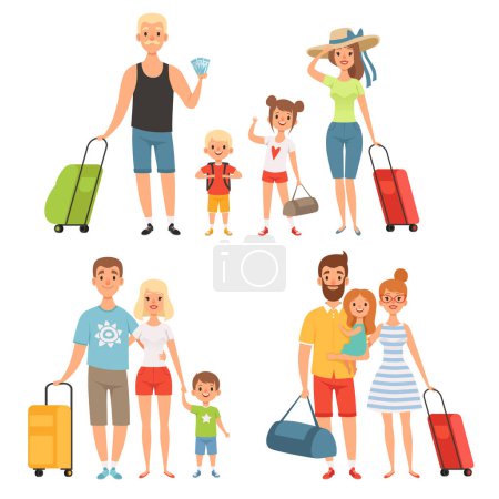 Illustration for Family goes at summer vacations. Happy family travelling. Family vacation travel with luggage, vector illustration - Royalty Free Image