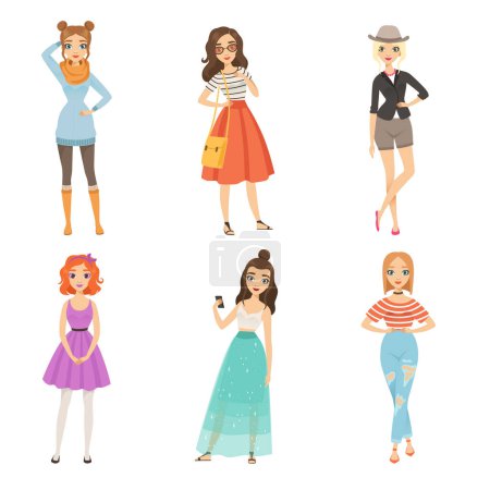 Illustration for Fashionable girls. Cartoon female characters in various fashion poses. Model lady, female attractive trendy. Vector illustration - Royalty Free Image