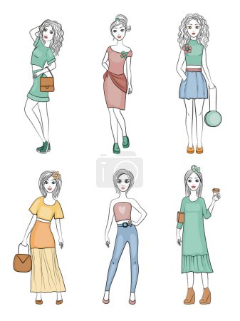 Illustration for Fashion girls characters. Cute female young vogue models woman posing for retro fashionable magazine vector mascot. Fashion girl character, cute and pretty model illustration - Royalty Free Image