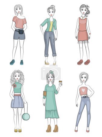 Illustration for Fashion girls. Female young models standing posing with fashionable wardrobe items vector characters illustrations. Fashion woman, posing model figure - Royalty Free Image