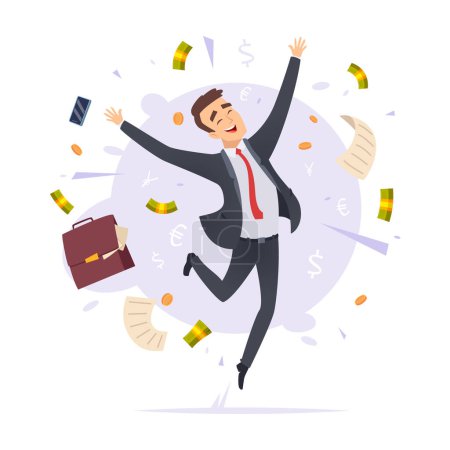 Illustration for Happy businessman. Jumping proffesional successful young office manager male vector cartoon illustrations. Business man worker jump, executive and cheerful - Royalty Free Image