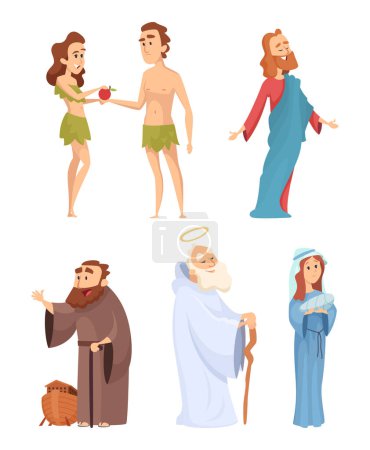 Illustration for Historical characters of bible. Vector mascots in various poses. Illustration of character bible eve and adam, virgin mary and noah - Royalty Free Image