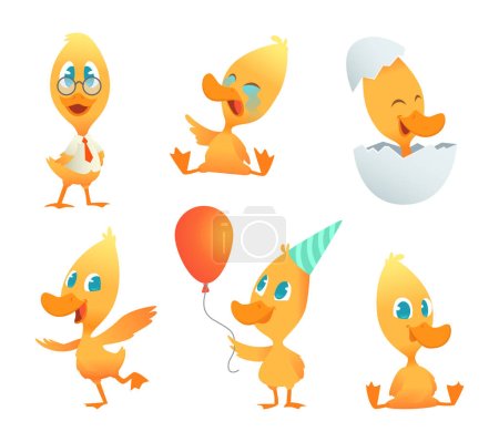 Ilustración de Ilustraciones de pato gracioso. Vector animales de dibujos animados en acción plantea. Pato pájaro pose, amarillo carácter patito colección - Imagen libre de derechos