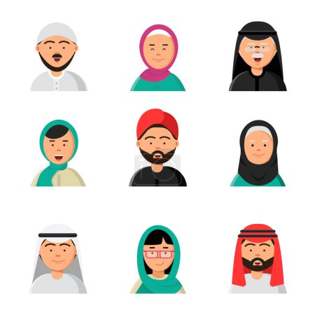 Ilustración de Icono de gente islámica. Web árabe avatares musulmanes cabezas de macho y hembra en hijab niqab vector saudí caras en estilo plano. Cara musulmana masculina y femenina, ilustración árabe avatar - Imagen libre de derechos