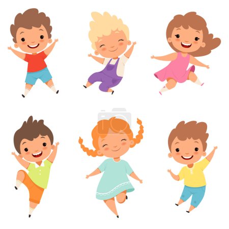 Illustration for Jumping children. Cute surprised playing crazy happy kids male and female boys and girls vector cartoon characters. Female and male joy, young jumping illustration - Royalty Free Image