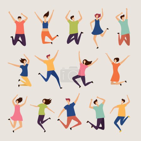 Ilustración de Saltando gente. Joven y adulto riendo feliz grupo personajes vector ilustraciones planas. Persona de carácter feliz, juntos saltar personas - Imagen libre de derechos