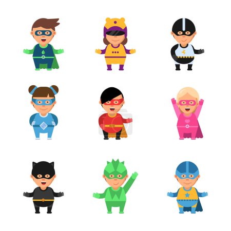 Illustration for Kids superheroes. Cartoon 2d game characters of heroes in mask cute male and female sup brave comic vector mascots. Illustration of hero brave, cheerful superhero girl and boy - Royalty Free Image