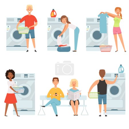 Illustration for Laundry service characters. Vector washing house mascot design. Man and woman waiting washer machine illustration - Royalty Free Image