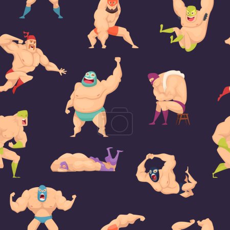 Illustration for Libre wrestlers pattern. Martial mexican fighters in mask luchador superstar vector seamless background. Wrestler fight background, costume and mask, wrestling lucha fighter - Royalty Free Image
