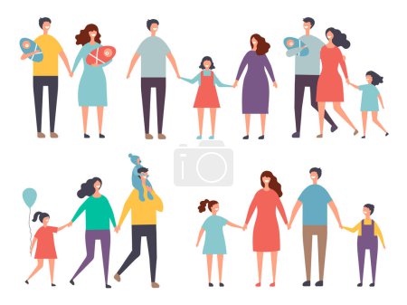 Illustration for Male and female couples. Childrens and family couples characters isolate on white. Family mother father girl and boy, vector illustration - Royalty Free Image