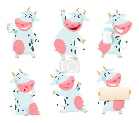 Téléchargez les illustrations : Vache laitière. Cartoon ferme caractère manger et poser des mascottes de vaches isolées. Illustration de dessin animé de vache d'élevage, élevage de caractères domestiques - en licence libre de droit
