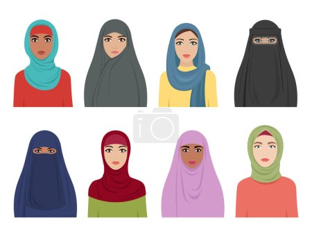 Ilustración de Avatares de chicas musulmanas. Moda islámica para mujeres iraní turco y árabe pañuelo para la cabeza hidjab en varios tipos. Vector plana hembra árabe. Ilustración de vestido musulmán, tocados y tocado - Imagen libre de derechos