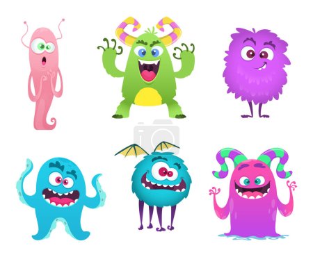 Ilustración de La mascota de los monstruos. Peludo lindo gremlin troll extraño divertidos juguetes vector personajes de dibujos animados aislados. Personaje asustadizo y divertido, goblin monstruo alegre. Ilustración vectorial - Imagen libre de derechos