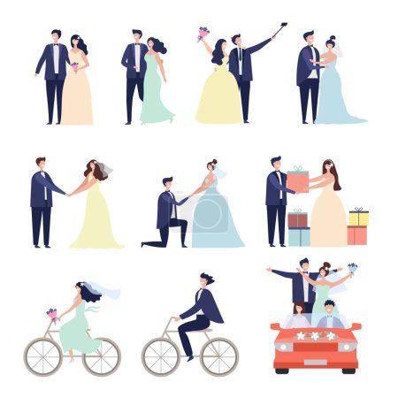 Illustration for Wedding ceremonial bundle. Marriage love couples happy characters bride preparation celebration vector characters male female. Illustration of couple husband and wife, ceremony marriage wedding - Royalty Free Image