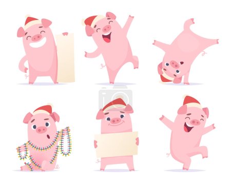 Téléchargez les illustrations : Cochon de dessin animé du Nouvel An. Humour 2019 personnages mignons sanglier porc porc mascotte vecteur illustrations isolées. Célébration cochon heureux, bannière d'exploitation de cochon - en licence libre de droit