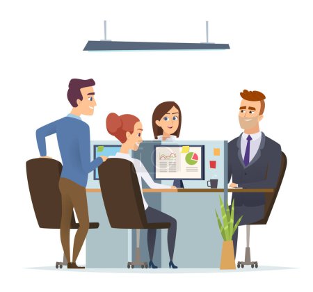 Illustration for Office workplace team. Business managers male and female working and talking sitting table dialog of group people vector characters. Brainstorming in office, group team workspace illustration - Royalty Free Image