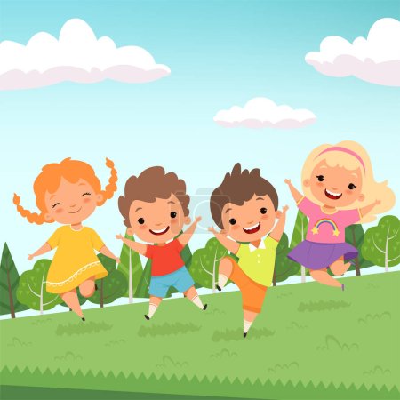 Illustration for Party jummping characters. Cute happy childrens jump and playing at playground or urban park vector cartoon characters isolated. Boy and girl, cartoon childhood illustration - Royalty Free Image