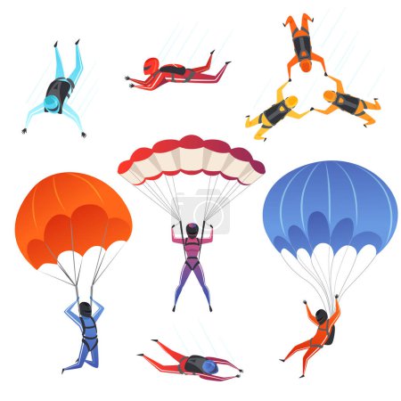 Ilustración de Saltadores de paracaídas. Deportes extremos paracaidismo parapente hombres y mujeres deportistas en los personajes de vectores del cielo. Ilustración de puente y paracaidismo, salto en paracaidista - Imagen libre de derechos