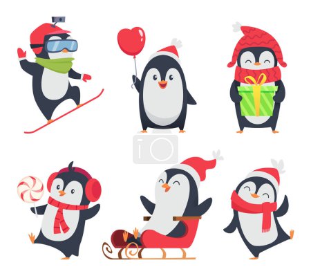 Téléchargez les illustrations : Personnages de pingouin. Les illustrations d'hiver de dessins animés d'animaux sauvages dans diverses actions posent la conception de mascotte vectorielle. Pingouin arctique nord, activité d'oiseau heureux, planche à neige et illustration de traîneau - en licence libre de droit