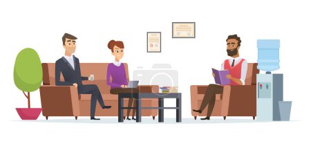 Illustration for Business waiting room. People at office lobby modern interior sitting tea break reception vector characters. Illustration of people sitting in reception room, man and woman in lobby - Royalty Free Image