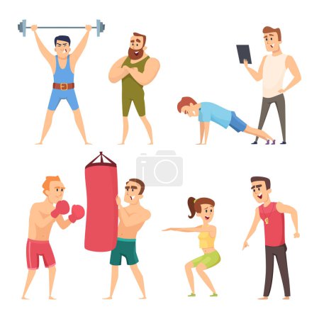 Illustration for Personal trainer in gym. Vector set characters. Gym workout, trainer fitness and instructor illustration - Royalty Free Image