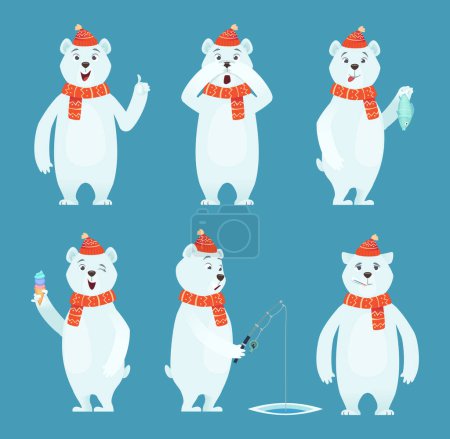 Téléchargez les illustrations : Caricature d'ours polaire. Ice snow white drôle animal sauvage dans différentes poses personnages vectoriels. Ours blanc et illustration d'animaux polaires d'hiver - en licence libre de droit