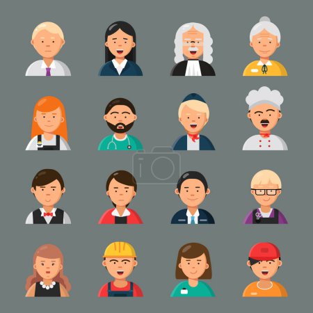 Illustration for Professions avatars. Businessman doctor teacher hairdresser cook occupation workers group colleagues vector portraits flat style. Waiter and nurse, professional teacher and hairdresser illustration - Royalty Free Image