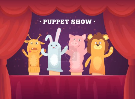 Illustration for Puppet show. Red curtains theatre performance for kids stage with socks toys for hands cartoon background. Illustration of show puppet, toy doll entertainment - Royalty Free Image