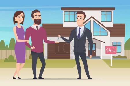 Illustration for Real estate concept. Family couple buying new house or big appartment sales manager hands over the keys vector characters. Family mortgage, buy property, selling building illustration - Royalty Free Image