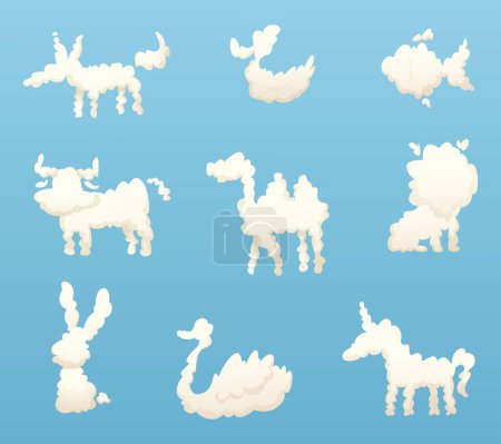 Téléchargez les illustrations : Formes de nuages d'animaux. Différents nuages de dessins animés drôles. Nuage animal vectoriel dans le ciel, lapin de silhouette moelleux et illustration de licorne - en licence libre de droit