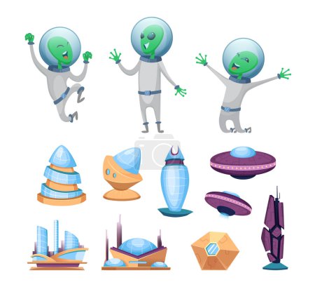 Illustration for Space futuristic buildings and ufo ships. Various characters of aliens. Humanoid alien, modern building and shuttle ufo illustration - Royalty Free Image