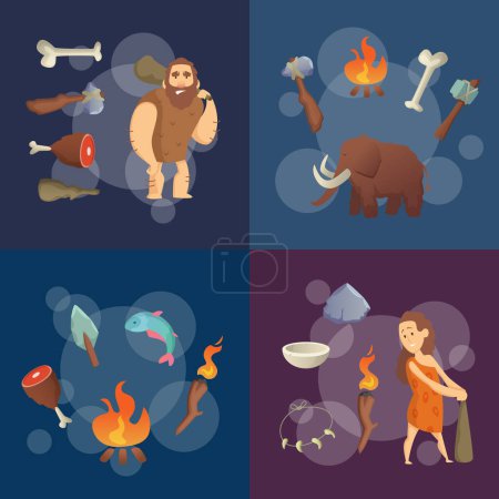 Illustration for Stone Age elements. Vector cartoon cavemen and woman illustration. Prehistoric tools and animal - Royalty Free Image