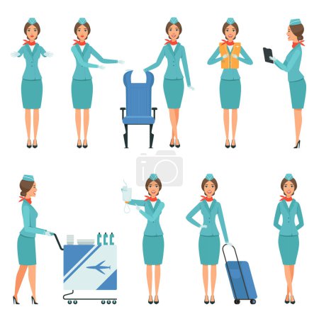 Illustration for Stewardess characters. Various mascots in action poses. Airport and flight workers. Flight airline hostess, attendant in uniform service, vector illustration - Royalty Free Image