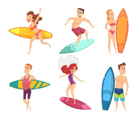 Illustration for Summer surf characters. Vector funny mascots in various action poses. Surfboard, character man and woman with board illustration - Royalty Free Image