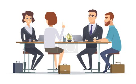 Team working together. Office talking peoples managers business group dialogue coworkers persons vector concept pictures. Illustration of teamwork group company, woman and man at table