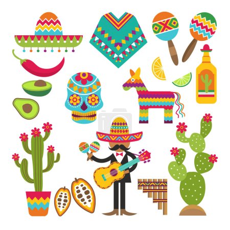 Téléchargez les illustrations : Des symboles mexicains. Modèle de conception vectorielle des éléments mexicains traditionnels. Mexique et sombrero, guitare et maracas, illustration de cactus et tequila - en licence libre de droit