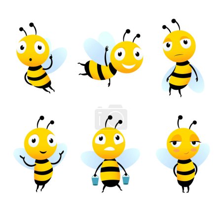 Illustration for Various cartoon characters of bees with honey. Bee cartoon insect, character happy fly illustration - Royalty Free Image
