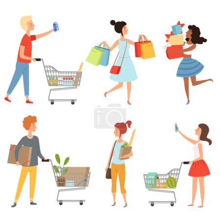 Illustration for Male and female shopping. Vector pictures of various characters in shop. Woman character shopping, customer in store illustration - Royalty Free Image