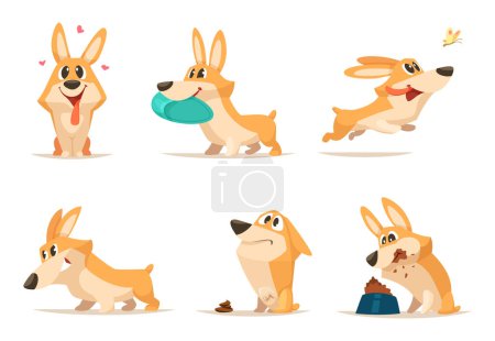 Téléchargez les illustrations : Diverses illustrations de drôle de petit chien en action pose. Chien animal de compagnie mignon, animal heureux - en licence libre de droit