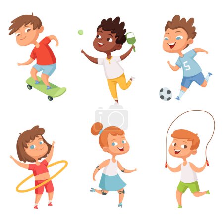 Illustration for Various kids in active sports. Vector characters isolate on white background. Illustration of sport boy and girl, kids skipping rope, playing ball - Royalty Free Image