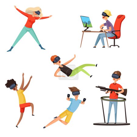 Ilustración de Jugador de realidad virtual. Personajes divertidos y felices jugando juegos en línea casco VR auriculares virtuales o gafas. Ilustraciones vectoriales. Virtual gamer, jugar videojuego de innovación - Imagen libre de derechos