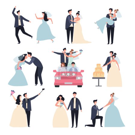 Illustration for Wedding couples. Bride ceremony celebration wed day love groom marriage rings vector characters. Bride and groom, marriage love couple, celebration wedding ceremony illustration - Royalty Free Image